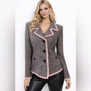 Bigio Collection Pink/black 3 Button Blazer Lined Fringed Edges Size 12